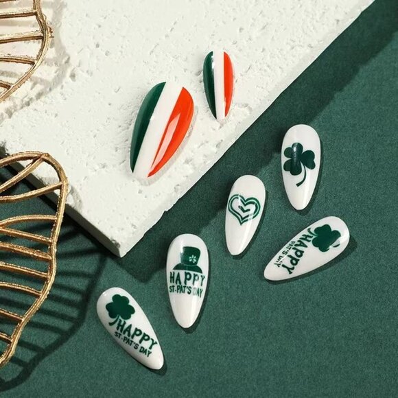 Press on nails 24Pcs Almond Green St. Patrick's Day Non-Toxic Odorless striped - Picture 3 of 7
